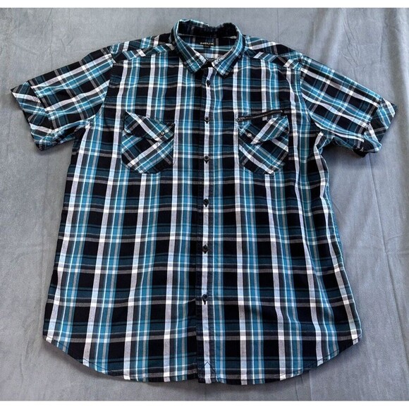 Helix Short Sleeve Button Up Shirt Black White Teal Plaid Mens Size XXL Colorful - Picture 1 of 7